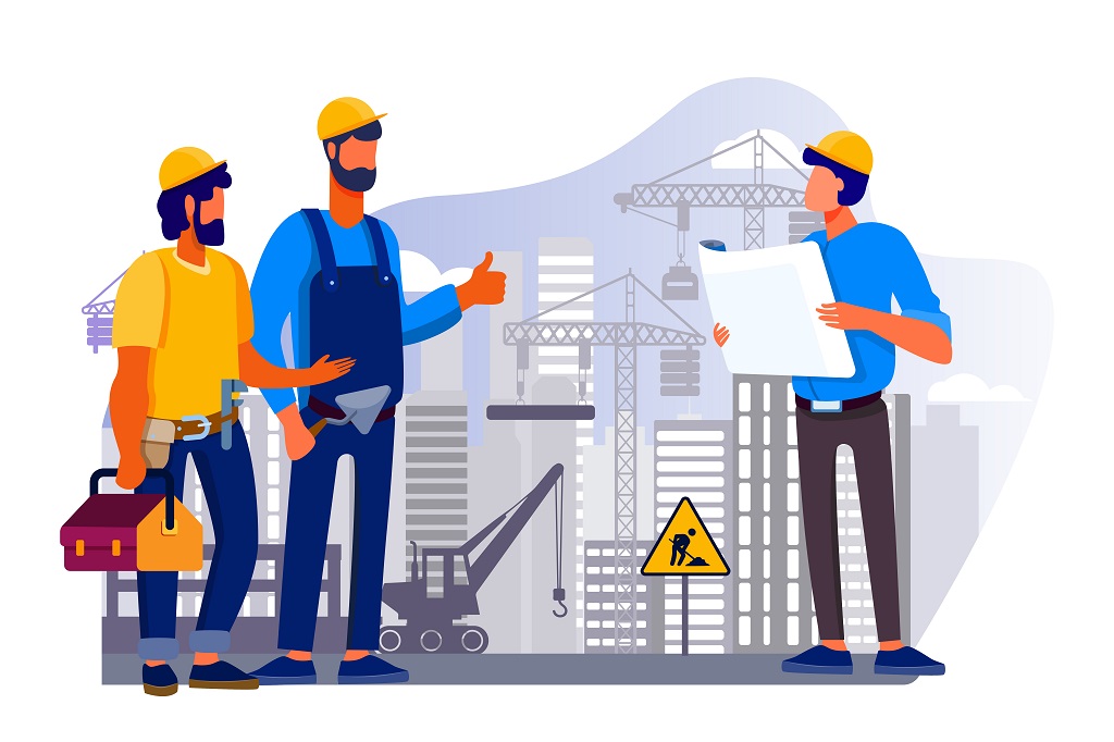 An illustration of engineers discussing work on a construction site.